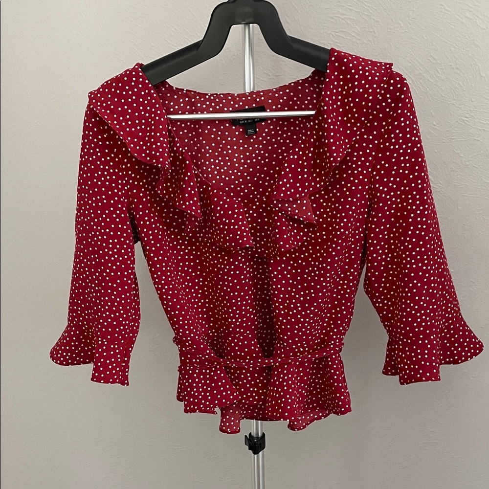 Topshop Burgundy Polka Dot Ruffle Blouse
